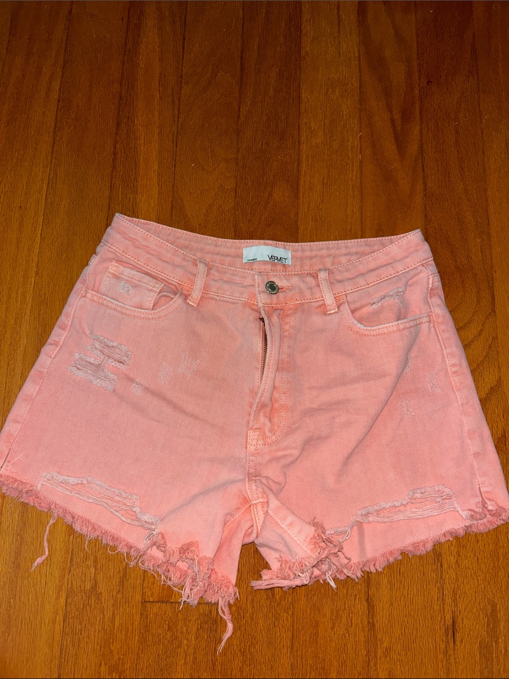 Soft Pink Distressed High-Rise Jean Shorts